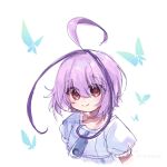 1girl ahoge aihira_(aihira12) antenna_hair azure_striker_gunvolt azure_striker_gunvolt_1 bug butterfly joule_(gunvolt) looking_at_viewer purple_eyes purple_hair short_hair simple_background smile solo twitter_username upper_body white_background 