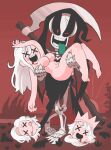  1other 3girls black_sclera bone breasts colored_sclera commentary completely_nude crown death_(entity) gashi-gashi grim_reaper highres looking_at_viewer medium_breasts multiple_girls navel no_nose nude open_mouth original red_eyes red_theme scythe smile symbol-only_commentary tongue tongue_out weapon weapon_on_back x_x 