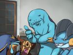  2009 blue_body blue_lips brown_body grin group hand_on_arm humanoid_face inside lips looking_at_viewer multicolored_body nintendo pok&eacute;mon pok&eacute;mon_(species) quagsire smile swampert teeth u.t.o. video_games yellow_body 