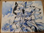  1boy 1girl beluga_damiens bug butterfly cloud cloudy_sky eyewear_on_head falling_petals flower furry highres little_tail_bronx looking_at_viewer merveille_million mogy64 painting_(medium) petals sky solatorobo traditional_media watercolor_(medium) 