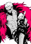  1boy abs commentary crossed_legs donquixote_doflamingo earrings invisible_chair jewelry leg_hair male_focus monochrome one_piece pants short_hair simple_background sitting smile solo spot_color sunglasses zmore 