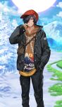  1boy black_coat black_hair black_pants blue_sky bone brown_jacket buttons cloud coat commentary day drawstring fate/grand_order fate_(series) feet_out_of_frame flat_cap gotterdammerung_(fate/grand_order) grass hair_over_one_eye hand_in_pocket hand_up hat hood hood_down hooded_jacket jacket knit_hat lack long_sleeves male_focus mountain nature official_alternate_costume official_art okada_izou_(fate) one_eye_covered open_clothes open_coat orange_eyes outdoors pants parted_lips print_jacket red_hat short_hair sky snow solo standing sun sunlight teeth third-party_source tree v-shaped_eyebrows zipper 