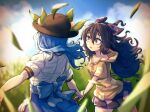  blue_bow blue_eyes blue_hair blue_skirt blue_sky blush bow breasts cloud collarbone day food from_behind fruit grass grassy grey_hoodie hair_between_eyes hat highres hinanawi_tenshi holding_another's_wrist hood hoodie kaden_(muxt8423) leaf long_hair looking_at_another on_grass outdoors peach puffy_sleeves ribbon shirt short_sleeves skirt sky sweat tall_grass touhou very_long_hair white_shirt yorigami_shion 