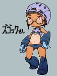  1girl bare_shoulders beeru_(veil8801) bikini bikini_bottom_only black-framed_eyewear black_hair blue_boots blunt_bangs boots bright_pupils character_name closed_mouth frown full_body glasses grey_background groin gundam highres knee_boots mobile_suit_gundam navel one-piece_tan outline personification pink_eyes semi-rimless_eyewear short_hair simple_background solo swim_cap swimsuit tan tanlines under-rim_eyewear white_outline white_pupils z&#039;gok 