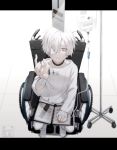  absurdres bandages blue_eyes choker eyepatch grey_hair highres hospital hospital_gown intravenous_drip looking_up luto_gray000 original pale_skin sick wheelchair white_hair 