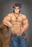  1boy abs bara broken_horn dark_blue_hair demon_boy demon_horns denim facial_hair fang fiery_horns highres horns jeans kaido_(62145659) large_pectorals leather_belt long_sideburns looking_at_viewer male_focus mature_male milestone_celebration muscular muscular_male navel navel_hair nipples pants pectorals short_hair sideburns smirk solo stomach stubble takemaru_(housamo) thick_eyebrows thick_thighs thighs tokyo_afterschool_summoners topless_male 