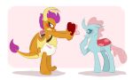 anthro arthropod blue_eyes blush box_of_chocolates candy changeling chocolate clothed clothing cupid cupid&#039;s_arrow dessert diaper dragon duo embarrassed embarrassed_female female feral food friendship_is_magic hasbro heart_box hi_res horn my_little_pony mythological_creature mythological_scalie mythology ocellus_(mlp) orange_body orlandofox presenting_gift quiver_(object) scalie smolder_(mlp) tapping_foot wearing_diaper