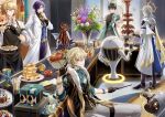  2others 5boys absurdres animal_on_shoulder apple apron aqua_horns aqua_shirt aventurine_(honkai:_star_rail) black_apron black_gloves black_hair black_jacket black_shirt blonde_hair blue_vest box box_of_chocolates bracelet bubble_tea buffet cake cat_teaser chalice chimera_(honkai:_star_rail) chocolate chocolate_fountain chocolate_statue closed_mouth coat collared_shirt commentary_request cookie critter_pick_(honkai:_star_rail) cup dan_heng_(honkai:_star_rail) dan_heng_(imbibitor_lunae)_(honkai:_star_rail) disposable_cup dr._ratio_(honkai:_star_rail) dragon_boy drinking_straw eastern_dragon_horns facial_tattoo fish_skeleton flower food fruit fur-trimmed_jacket fur_trim glasses gloves grey_hair grey_pants grin hair_between_eyes halo halo_behind_head hand_in_pocket hand_on_own_chin head_wings highres holding holding_cookie holding_food holding_plate holding_tray honey honkai:_star_rail honkai_(series) horns hydrokinesis jacket jewelry lab_coat long_sleeves looking_at_another looking_at_viewer male_focus medium_hair multiple_boys multiple_others mydei_(honkai:_star_rail) oak_cake_roll_(honkai:_star_rail) one_eye_closed pancake pancake_stack pants plate pomegranate purple_eyes purple_hair red_eyes red_tattoo robot semi-rimless_eyewear shirt short_hair shush_(honkai:_star_rail) sitting smile soda_bottle soulglad spade_cutout spiked_halo standing sunday_(honkai:_star_rail) sw_kika tattoo trailblazer_(honkai:_star_rail) trailblazer_(trash_cake)_(honkai:_star_rail) tray trick_snack_(honkai:_star_rail) trotter_(honkai:_star_rail) vase vest watch water white_coat white_shirt wings wooden_floor wristwatch yellow_eyes 