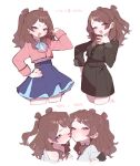  2girls black_jacket black_skirt blue_eyes blue_overskirt blue_ribbon blue_skirt blush brown_hair clone commentary_request cropped_legs dual_persona gakuen_idolmaster gokugetsu_academy_school_uniform hanami_saki hatsuboshi_gakuen_school_uniform heads_together highres idolmaster jacket long_hair long_sleeves looking_at_viewer multiple_girls multiple_views neck_ribbon pink_jacket ribbon school_uniform shirt simple_background skirt smile two_side_up white_background white_shirt yuusuke_(yyy_xp) 