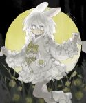  1girl animal_ears black_background boots bow bunny dress field flower frilled_dress frilled_sleeves frills frost_fog full_moon grass happy highres holding_hands looking_to_the_side moon original rabbit_ears ribbon-trimmed_sleeves ribbon_trim shoes skipping walking white_eyes white_hair yellow_flower yellow_moon 