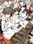  4girls absurdres animal_ears artist_name atago_(azur_lane) azur_lane bangs black_hair black_legwear blush bow bowtie branch breasts brown_eyes character_request cherry_blossoms cup dango day flower food garter_straps gloves green_tea hand_up highres holding holding_food loafers long_hair long_sleeves looking_at_viewer medal medium_breasts military military_uniform mochi mole mole_under_eye multiple_girls official_art one_eye_closed open_mouth outdoors pantyhose petals pleated_skirt ponytail purple_hair scan scarf school_uniform shiny shiny_clothes shiny_hair shoes short_hair simple_background sitting skirt smile takao_(azur_lane) takayaki tea thighhighs tied_hair uniform wagashi white_gloves 