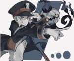  1boy black_coat black_headwear chandelure coat commentary_request gloves grey_eyes grey_hair hand_up hat highres ingo_(pokemon) long_sleeves male_focus nino06aster open_clothes open_coat outstretched_arm pointing pokemon pokemon_(creature) pokemon_(game) pokemon_bw shirt short_hair sideburns upper_body white_background 