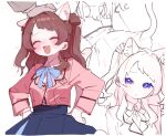  1boy 1girl ^_^ animal_ears blazer blue_eyes blue_overskirt blue_ribbon blue_skirt blush brown_hair cat_ears cat_tail closed_eyes commentary_request gakuen_idolmaster hanami_saki hands_on_own_hips hatsuboshi_gakuen_school_uniform headpat highres idolmaster jacket kemonomimi_mode long_hair multiple_views neck_ribbon ribbon school_uniform shirt simple_background skirt smile tail tail_under_clothes two_side_up white_background white_shirt yuusuke_(yyy_xp) 
