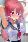  1girl after_sex armpits blue_one-piece_swimsuit blush breasts covered_navel dorachan_r hair_ribbon hair_tie highres i-168_(kancolle) indoors kantai_collection koubi_(meme) long_hair looking_at_viewer medium_breasts meme mouth_hold one-piece_swimsuit pink_hair ponytail red_eyes red_hair ribbon school_swimsuit school_uniform serafuku serasuku smile solo swimsuit swimsuit_under_clothes window 