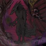 2hiakkable 6_eyes 6_fingers abs absurd_res anthro arm_tuft bioluminescence black_body black_claws black_fur blood blurred_background bodily_fluids bone canid canine canis casual_nudity claws curved_tail detailed detailed_fur digitigrade ears_back fangs feet fingers flesh_structure fog fur glowing grass grumpy hair hi_res hindpaw male mammal mouth_closed multi_eye neck_tuft nubody organic paws pivoted_ears plant red_eyes scratching shoulder_tuft signature slim solo standing tail teeth thin_legs tuft unknown_species wolf