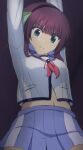  1girl absurdres angel_beats! arms_up black_hairband blue_sailor_collar blue_skirt blunt_bangs blush bow closed_mouth commentary_request cowboy_shot dark eyes_visible_through_hair frown green_bow green_eyes hair_bow hairband highres lelie_(lelie_link) long_sleeves looking_down midriff_peek miniskirt nakamura_yuri navel neckerchief paid_reward_available pink_neckerchief pleated_skirt purple_background purple_hair sailor_collar shinda_sekai_sensen_uniform shirt simple_background skirt solo split_mouth v-shaped_eyebrows white_shirt 