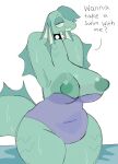  2021 anthro areola asking big_breasts biped black_collar breasts chubby_anthro chubby_female clothed clothing collar curvy_figure dialogue digital_drawing_(artwork) digital_media_(artwork) dragon english_text female fin front_view fur green_areola green_body green_fin green_hair green_nipples green_scales hair half-closed_eyes hands_behind_head huge_breasts narrowed_eyes navel_outline nessie_(puppychan48) nipples open_mouth portrait pupils puppychan48 purple_clothing purple_swimwear scales scalie simple_background slit_pupils smile solo spiked_collar spikes standing swimwear text thick_thighs three-quarter_portrait three-quarter_view voluptuous water wet white_background 