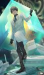  1boy arm_at_side black_boots black_gloves black_hair black_necktie black_pants blue_necktie boots brown_eyes buttons closed_lab_coat closed_mouth coat collared_shirt commentary cube dutch_angle expressionless fate/extra fate/grand_order fate_(series) foot_up from_below fuyuomi glasses gloves grey_vest hair_between_eyes hand_up lab_coat lapels looking_at_viewer looking_down male_focus necktie notched_lapels official_art opaque_glasses pants partially_opaque_glasses pinstripe_pants pinstripe_pattern pinstripe_shirt rectangular_eyewear ruins saver_(fate/extra) shirt short_hair silhouette solo standing striped_clothes third-party_source twice_h_pieceman vertical-striped_clothes vertical-striped_necktie vest white_coat white_shirt wing_collar 