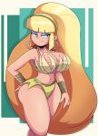  1girl absurdres amazon_(company) arm_behind_back ass bangs bare_arms bare_legs bare_shoulders blonde_hair blunt_bangs breasts cleavage closed_mouth commission covering covering_breasts cowboy_shot english_commentary eyeshadow frown gravity_falls hair_ornament hand_on_hip high_ponytail highleg highres large_breasts long_hair looking_to_the_side makeup navel pacifica_northwest purple_eyeshadow regeice shaded_face shadow shiny shiny_skin sidelocks simple_background solo standing thick_thighs thighs tsundere wide_hips 