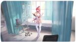  1girl absurdres azur_lane bed between_breasts breasts bursting_breasts cleavage covered_navel earrings elbow_gloves franklin_(azur_lane) franklin_(heart-throbbing_records)_(azur_lane) full_body gloves hair_between_eyes hat highres holding huge_breasts id_card indoors intravenous_drip jewelry long_hair looking_at_viewer mole mole_on_breast mole_on_groin mole_under_mouth multicolored_hair necktie necktie_between_breasts no_panties non-web_source nurse nurse_cap official_alternate_costume official_art pillow pink_hair ponytail purple_eyes red_necktie senri_gan skindentation smile solo standing streaked_hair sweat taut_clothes thick_thighs thighhighs thighs white_gloves white_hair white_thighhighs window 