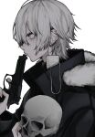  1boy 402_(o0_xxx) absurdres black_theme crazy ear_piercing earrings grey_eyes gun highres jewelry looking_to_the_side male_focus mask original pale_skin piercing skull weapon white_hair white_theme 