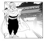  1boy billowing_cape black_border border building burger burger_king cape clenched_hands closed_mouth copyright_name door dragon_ball emphasis_lines english_commentary fence food full_body greyscale looking_to_the_side monochrome outdoors outside_border pants photo-referenced photo_background piccolo pointy_ears pointy_footwear restaurant saillaser sash serious shoes sign solo standing tree turban 
