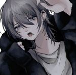  1boy 402_(o0_xxx) black_coat black_theme blue_eyes brown_hair coat crazy ear_piercing earrings fang fangs highres jewelry long_sleeves male_focus original pale_skin piercing shirt silver_hair stud_earrings white_shirt 