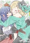  2girls black_hat blonde_hair blue_hair blush center_frills clenched_teeth closed_eyes commentary_request crown frills green_jacket hat highres izumi_shiho jacket long_hair long_sleeves medium_hair mini_crown mini_hat mizuguchi_aki mole mole_under_eye multiple_girls open_mouth purple_eyes sasayaku_you_ni_koi_wo_utau short_sleeves sweatdrop takeshima_eku teeth v yuri 