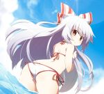  1girl akaneya ass bangs bikini blue_sky bow cloud eyebrows_visible_through_hair from_behind fujiwara_no_mokou grey_hair hair_bow light_particles long_hair looking_at_viewer looking_back open_mouth outdoors partially_submerged red_eyes sky solo swimsuit touhou white_bikini white_bow 