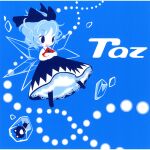  1girl album_cover blue_background blue_bow blue_eyes blue_hair blush bow cirno cover frog hair_bow ice ice_cube looking_away open_mouth shinonoko short_hair simple_background smile solo touhou 