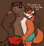  2022 anthro belly blush brown_body butt canid canine clothing duo embrace fox hug humanoid_hands jakegr male male/male mammal orange_body overweight overweight_male spanish_text text tongue tongue_out underwear ursid white_body 