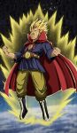  1boy arm_hair aura blonde_hair blue_shirt boots cape card_(medium) championship_belt clenched_hands dragon_ball dragon_ball_super dragon_ball_z_dokkan_battle earth_(planet) facial_hair film_grain floating green_eyes handlebar_mustache highres looking_up male_focus meloetta34 mr._satan mustache open_mouth pants planet red_cape shirt sideburns solo space sparkle spiked_hair star_(sky) super_saiyan yellow_pants 