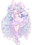  1girl amakawa_tamawo animal_ears animal_slippers apron aqua_hair arm_behind_back blue_eyes blush bow bun_cover bunny_slippers commission dress english_text full_body hair_bow hair_ornament highres kneehighs long_hair looking_at_viewer loose_socks miruku_(cutesuu) one_eye_closed original puffy_short_sleeves puffy_sleeves purple_dress rabbit_ears ringlets short_sleeves sidelocks simple_background slippers smile socks solo standing twitter_username very_long_hair watermark white_background wing_hair_ornament wrist_cuffs 