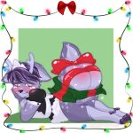  accessory anthro antlers ass_up blush bubble_butt butt cervid chibi christmas christmas_lights clothing fur furgonomics gift_wrapped hair hi_res holidays horn leg_markings looking_at_viewer maid_uniform male mammal markings momodesugart purple_body purple_fur purple_hair ribbons simple_background socks_(marking) spots spotted_markings tail_accessory tail_bow tail_ribbon uniform 