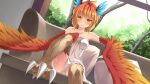  1girl artist_request bangs bare_shoulders bima_(monster_musume) bird_legs blue_feathers blush breasts couch feather_hair game_cg gradient gradient_hair gradient_wings harpy looking_at_viewer medium_breasts monster_girl monster_musume_no_iru_nichijou monster_musume_no_iru_nichijou_online multicolored_hair multicolored_wings naked_towel official_art orange_feathers orange_hair pillow red_feathers red_hair short_hair sitting smile solo talons towel window wings yellow_eyes 