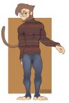  2018 amber_eyes anthro barefoot bottomwear brown_body brown_fur clothing denim denim_clothing deuzion ear_piercing endertwinks eyewear feet fur glasses haplorhine hi_res jeans male mammal monkey pants piercing primate solo sweater topwear 