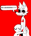 2025 accent aliasing ambiguous_gender anthro bikini binary_drawing black_nose canid canine closed_frown closed_smile clothed clothing crotch_rub dialogue digital_drawing_(artwork) digital_media_(artwork) duo english_text eyebrows eyes_closed fangs femboy fingers flat_colors fox frown fur happy hug human human_on_anthro inner_ear_fluff interspecies lidded_eyes low_res male male/ambiguous mammal mouth_closed profanity pubes pubes_on_face questionable_consent red_background red_bikini red_clothing red_eyes red_swimwear restricted_palette simple_background smile snout speech_bubble standing swimwear tail teeth text toony tuft two-piece_swimsuit white_body white_fur xexeezy