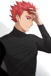  1boy black_shirt commentary_request grey_eyes grin hand_up highres imasara_maki lance_(pokemon) long_sleeves male_focus no_jacket pokemon pokemon_(game) pokemon_hgss red_hair shirt short_hair smile solo spiked_hair teeth upper_body white_background 