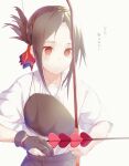  absurdres aotsuki_kaoru archery archery_shooting_glove arrow_(projectile) bad_id bad_pixiv_id black_hair bow_(weapon) forehead hair_ribbon heart highres kaguya-sama_wa_kokurasetai_~tensai-tachi_no_renai_zunousen~ red_eyes ribbon shinomiya_kaguya tied_hair translation_request weapon white_background 