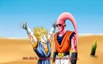  2boys a_silvers_1997 aqua_eyes arms_up belt black_belt black_sclera blonde_hair blue_sash blue_shirt blue_sky cactus colored_sclera colored_skin desert dougi dragon_ball dragon_ball_z dragon_ball_z_dokkan_battle earrings english_commentary english_text gloves highres jewelry majin_buu male_focus meme multiple_boys muscular open_mouth orange_shirt pants parody pink_skin potara_earrings red_eyes sash shirt sky spongebob_squarepants subtitled super_buu super_saiyan super_saiyan_1 vambraces vegetto white_gloves white_pants 