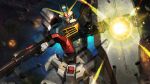  absurdres artist_request battle beam_cannon beam_rifle copyright_logo energy_beam energy_gun explosion glowing gundam gundam_battle_operation_2 gundam_walpurgis highres looking_at_viewer machinery mecha mecha_focus mobile_suit no_humans over.on realistic robot science_fiction shield space sunrise_(company) v-fin weapon 