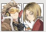  2boys artist_name bangs black_gloves blonde_hair boku_no_hero_academia border brown_jacket cat closed_mouth crossover english_commentary facial_hair feathered_wings forehead gloves goatee goggles haikyuu!! hawks_(boku_no_hero_academia) headphones holding holding_phone index_finger_raised jacket kadeart kozume_kenma looking_at_viewer multiple_boys parted_bangs phone red_wings short_hair simple_background slit_pupils smile spiked_hair stubble thick_eyebrows white_background white_border wings yellow_eyes 