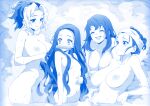  4girls bangs bath bathing bit_gag blue_theme blush breasts collarbone forehead gag highres hinatsuru_(kimetsu_no_yaiba) kamado_nezuko kimetsu_no_yaiba large_breasts long_hair makio_(kimetsu_no_yaiba) monochrome multiple_girls navel nipples nude onsen open_mouth parted_bangs short_hair small_breasts smile suma_(kimetsu_no_yaiba) water wet whoosaku 