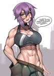  ! ... 1girl abs artist_name blush breasts choker commentary cowboy_shot english_commentary english_text grey_eyes hair_between_eyes hand_in_pocket highres large_breasts looking_at_viewer maya_(roadi3) muscular muscular_female navel open_mouth original pants purple_hair roadi3 scar scar_on_face scar_on_nose short_hair solo speech_bubble sports_bra teeth tongue twitter_username watermark 