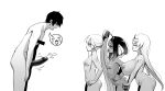  1boy 3girls bent_over breasts cane censored censored_nipples closed_eyes commentary crying english_commentary eyewear_on_head greyscale hair_ribbon hands_on_own_hips highres huge_breasts kmvt large_penis long_hair meme mole mole_under_eye monochrome multiple_girls open_mouth oppai_loli original penis precum ribbon shiny_skin side_ponytail small_breasts smile streaming_tears tears tongue tongue_out twitching_penis uohhhhhhhhh!_(meme) 