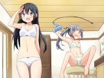  2girls arm_behind_back asashio_(kancolle) bangs barefoot black_hair black_ribbon blue_eyes blush bra breasts brown_eyes cable commentary eyebrows_visible_through_hair green_bra green_panties grey_hair hair_between_eyes hair_dryer hair_ribbon highres holding indoors kakizaki_(chou_neji) kantai_collection kasumi_(kancolle) long_hair multiple_girls open_mouth panties ribbon salute sitting small_breasts stool sweat underwear white_bra white_panties 