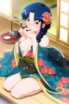  1girl bangs blue_eyes blue_hair braid breasts drinking eyebrows_visible_through_hair floral_print flower fujiwara_aya hair_flower hair_ornament hair_over_shoulder holding holding_saucer indoors japanese_clothes kimono long_hair long_sleeves off_shoulder official_art photoshop_(medium) pot saucer seiza sitting sliding_doors solo super_real_mahjong tanaka_ryou tatami wide_sleeves 