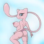  anthro breasts butt butt_focus female hand_on_leg legendary_pok&eacute;mon long_tail looking_at_viewer mew nintendo nipples pink_body pok&eacute;mon pok&eacute;mon_(species) rear_view side_boob solo video_games 