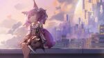  1girl animal_ear_fluff animal_ears arknights bangs hair_between_eyes hair_ornament highres looking_to_the_side medium_hair pink_eyes pink_hair scenery shamare_(arknights) sitting solo tail yxmczk 