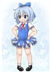  1girl bangs black_footwear blue_bow blue_dress blue_eyes blush bow cirno collared_shirt dress eyebrows_visible_through_hair flat_chest grin hair_bow ice ice_wings light_blue_hair mcsadat neck_ribbon pinafore_dress puffy_short_sleeves puffy_sleeves red_ribbon ribbon shirt shoes short_dress short_hair short_sleeves smile socks solo touhou v-shaped_eyebrows white_legwear white_shirt wings 